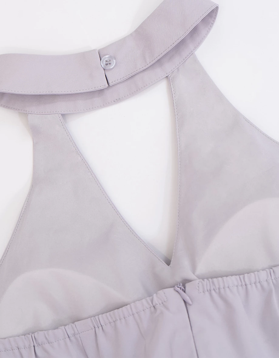 繞頸立領削肩鏤空背心花苞短洋裝(附胸墊)