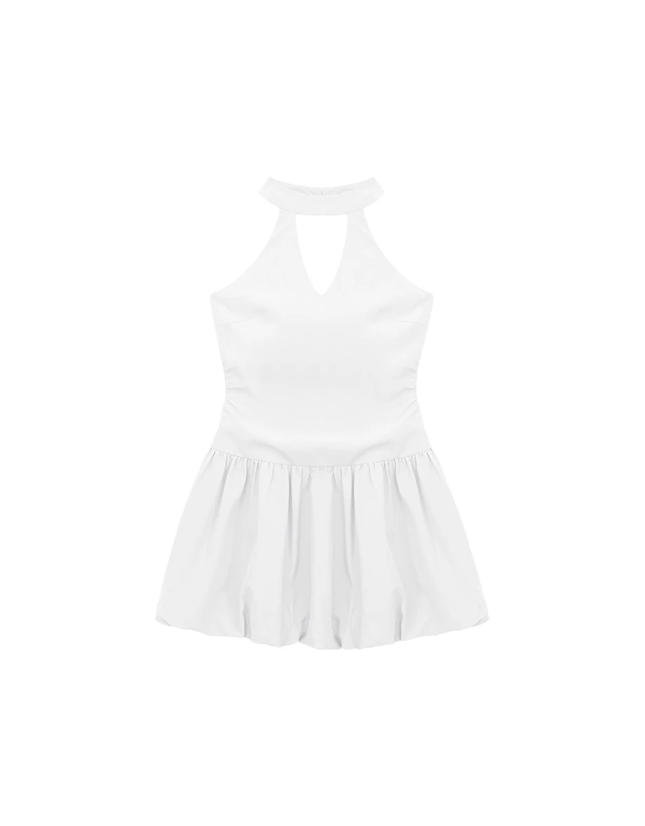 繞頸立領削肩鏤空背心花苞短洋裝(附胸墊)