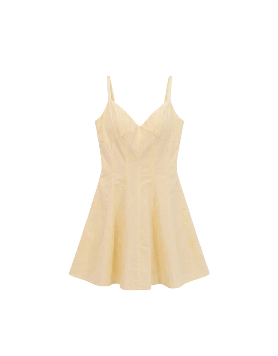 深V收腰剪裁刺繡花紋蕾絲肩帶背心短洋裝(附胸墊)