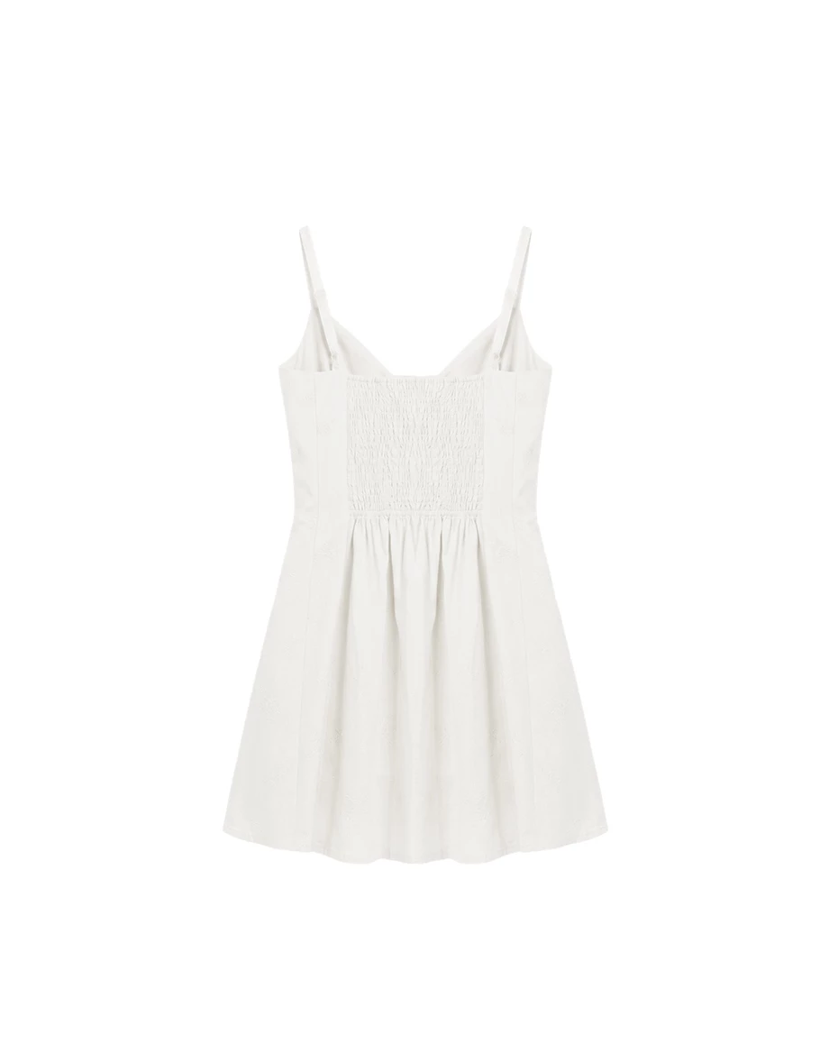 深V收腰剪裁刺繡花紋蕾絲肩帶背心短洋裝(附胸墊)