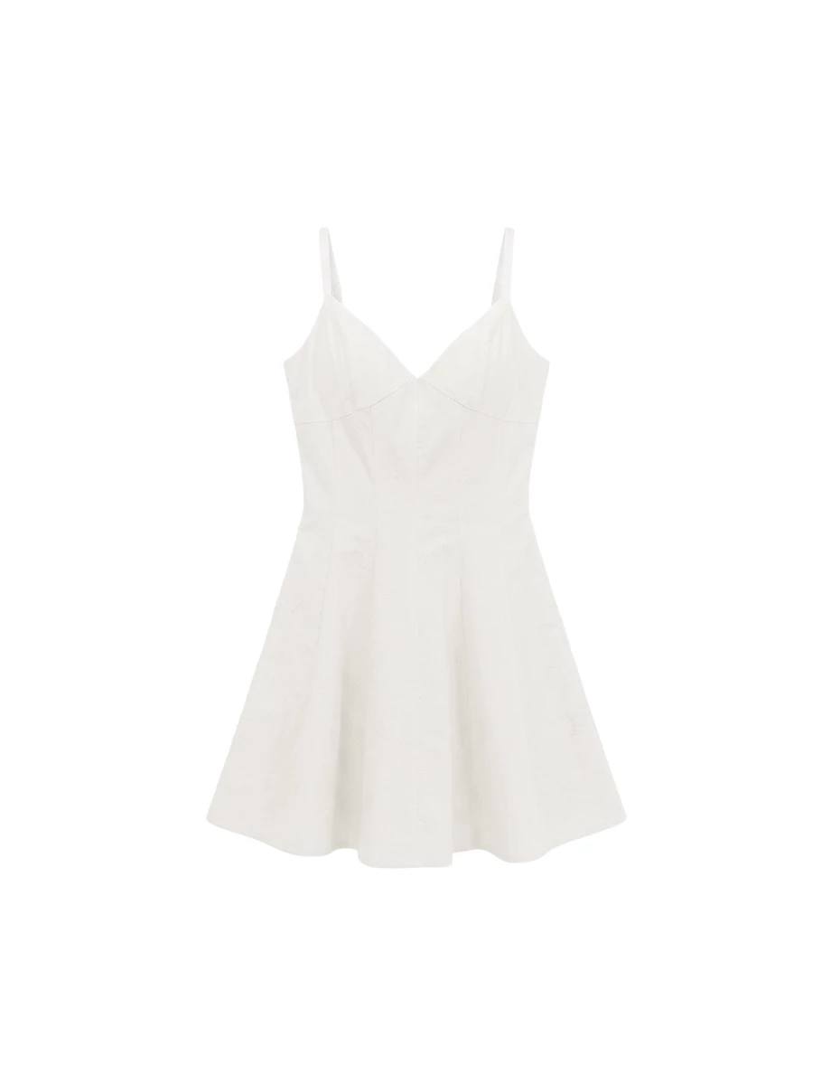 深V收腰剪裁刺繡花紋蕾絲肩帶背心短洋裝(附胸墊)