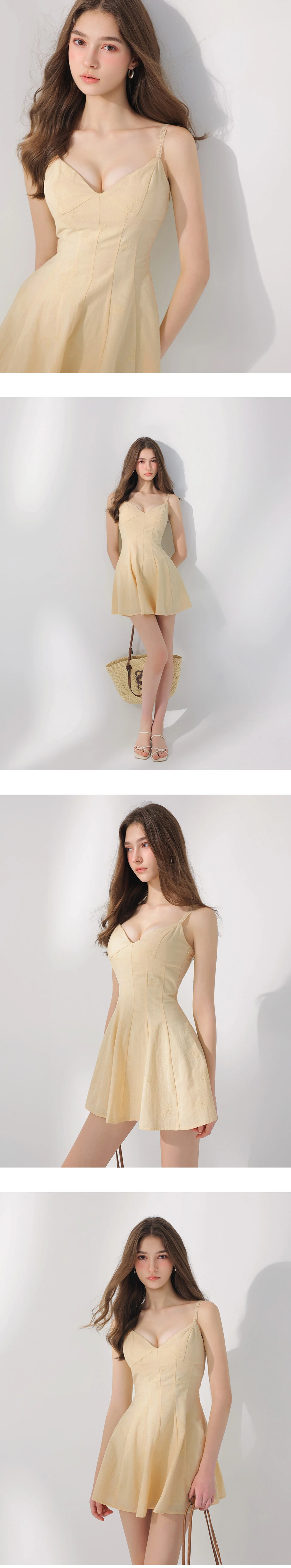 深V收腰剪裁刺繡花紋蕾絲肩帶背心短洋裝(附胸墊)