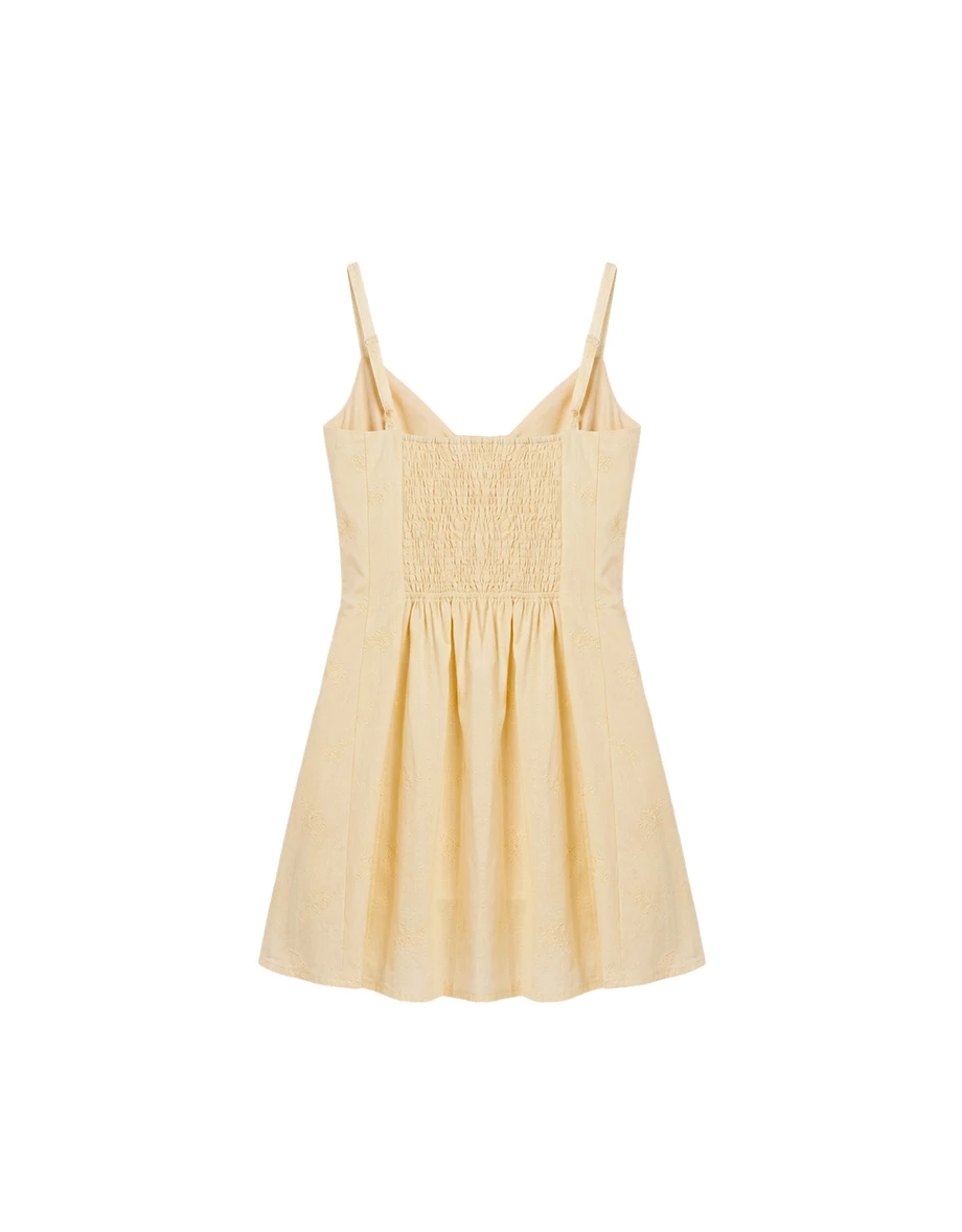 深V收腰剪裁刺繡花紋蕾絲肩帶背心短洋裝(附胸墊)