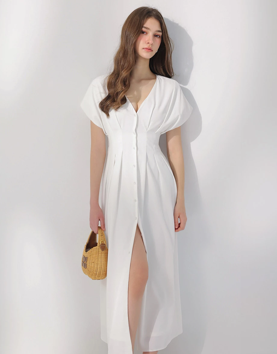 V領排扣打褶收腰連袖長洋裝