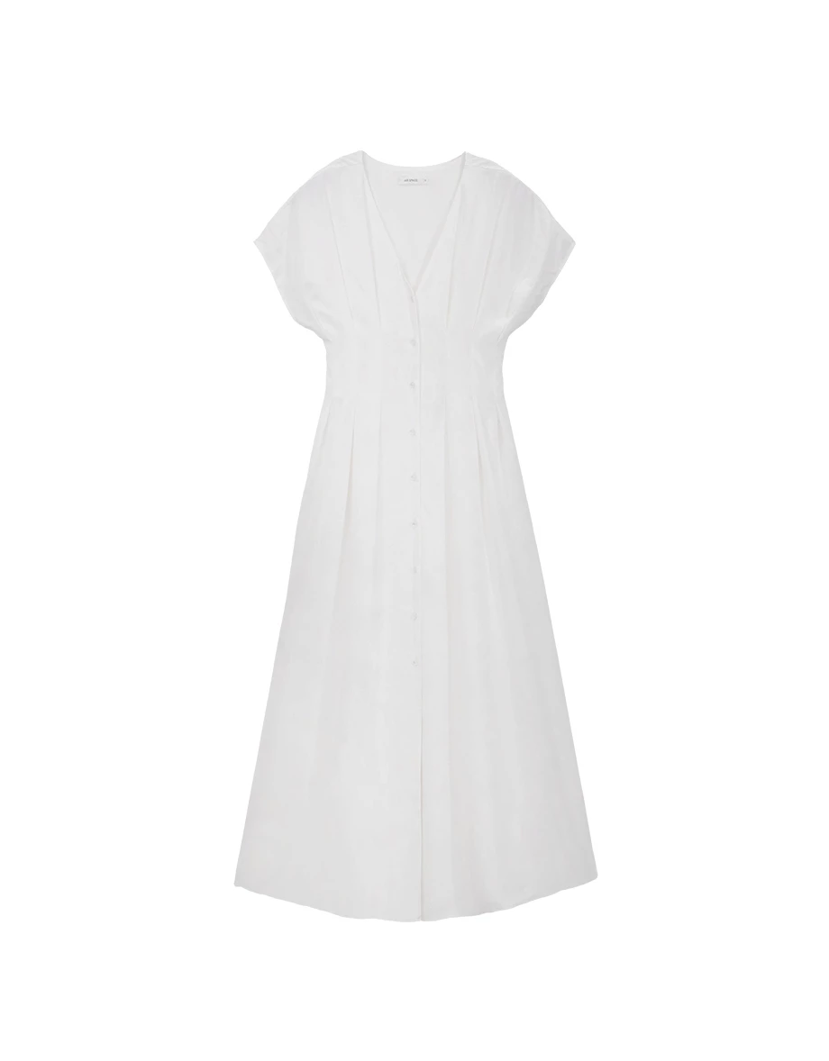 V領排扣打褶收腰連袖長洋裝