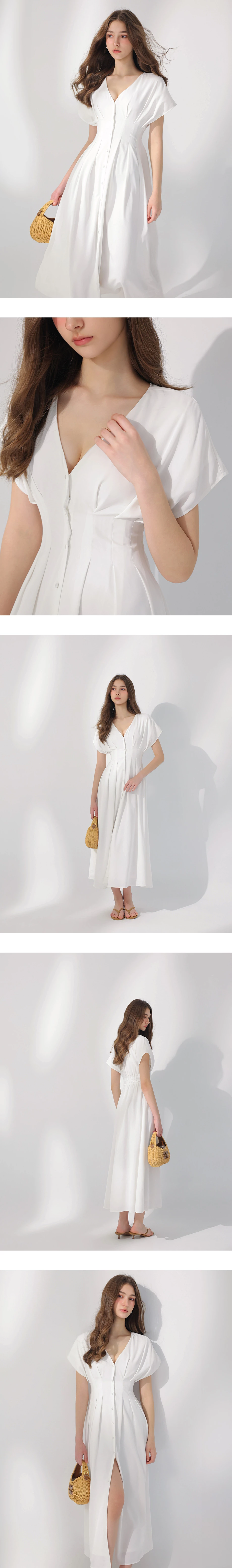 V領排扣打褶收腰連袖長洋裝