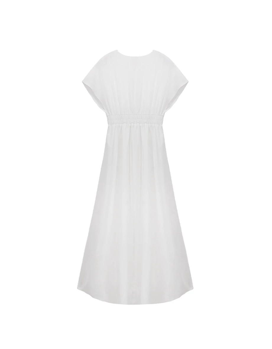 V領排扣打褶收腰連袖長洋裝