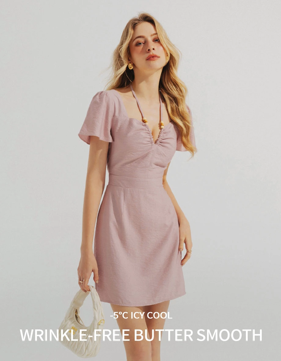 Cooling Fabric Wooden Bead Halter Neck Cutout Mini Dress Cooling Fabric Wooden Bead Halter Neck Cutout Mini Dress