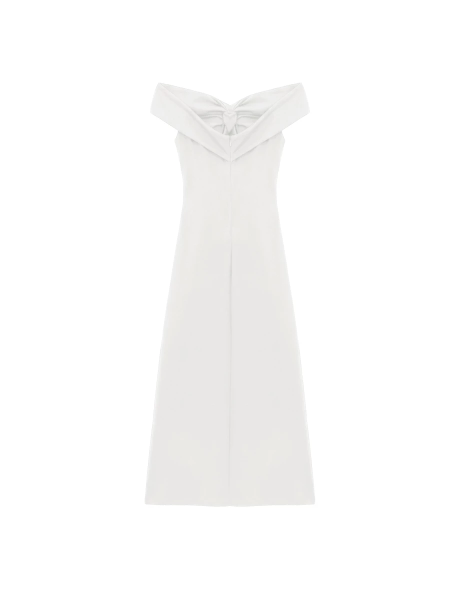 一字領交叉扭結側開衩合身長洋裝(附胸墊)