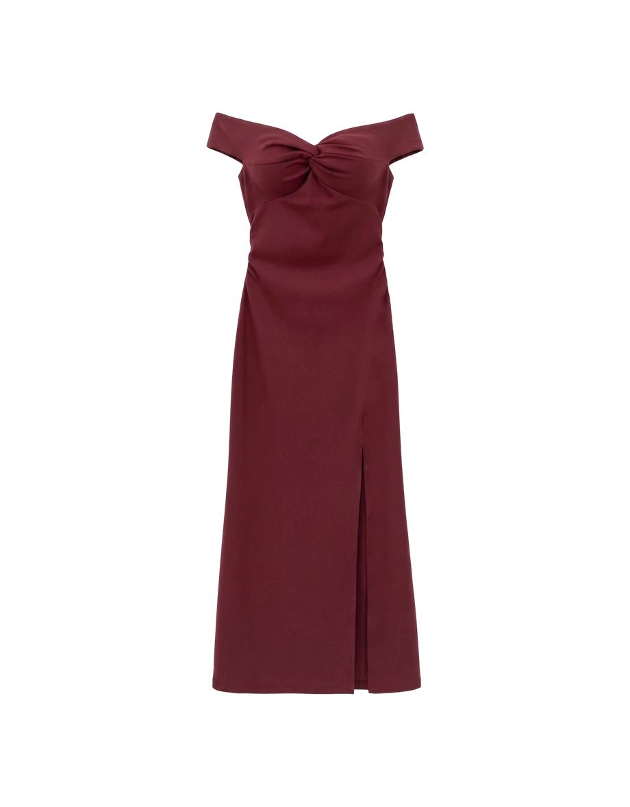 一字領交叉扭結側開衩合身長洋裝(附胸墊)