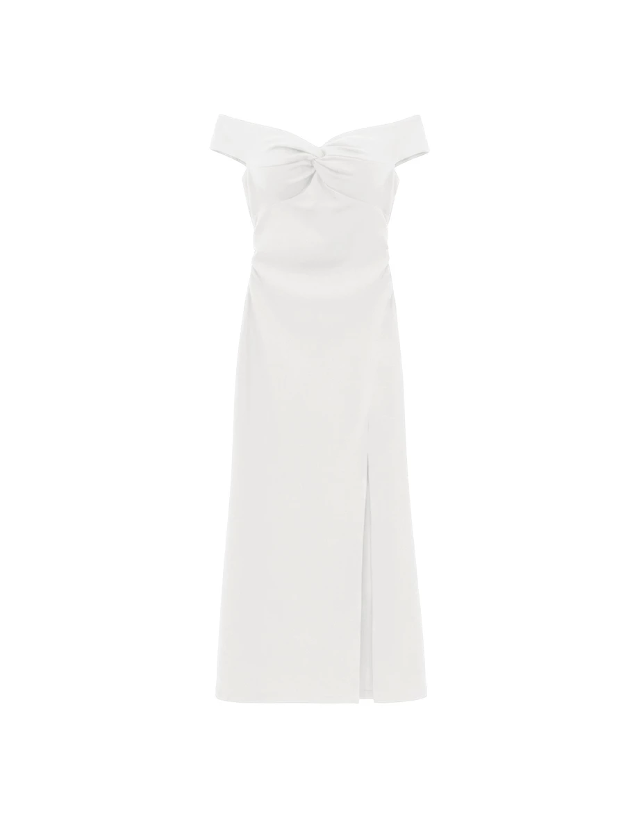 一字領交叉扭結側開衩合身長洋裝(附胸墊)