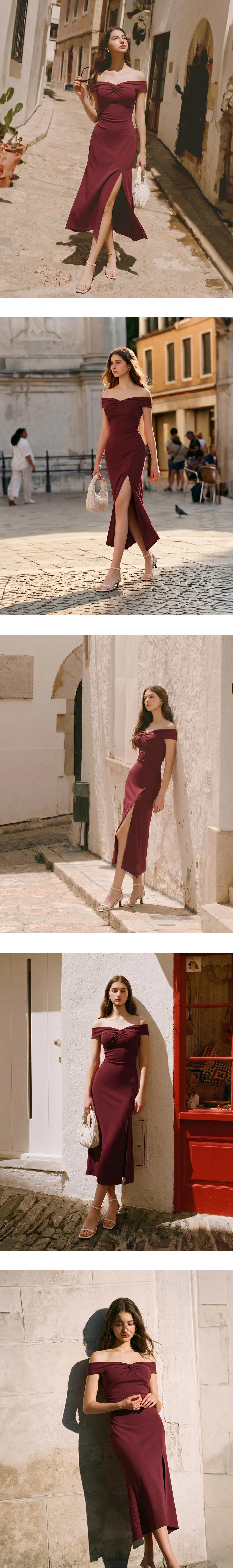 一字領交叉扭結側開衩合身長洋裝(附胸墊)