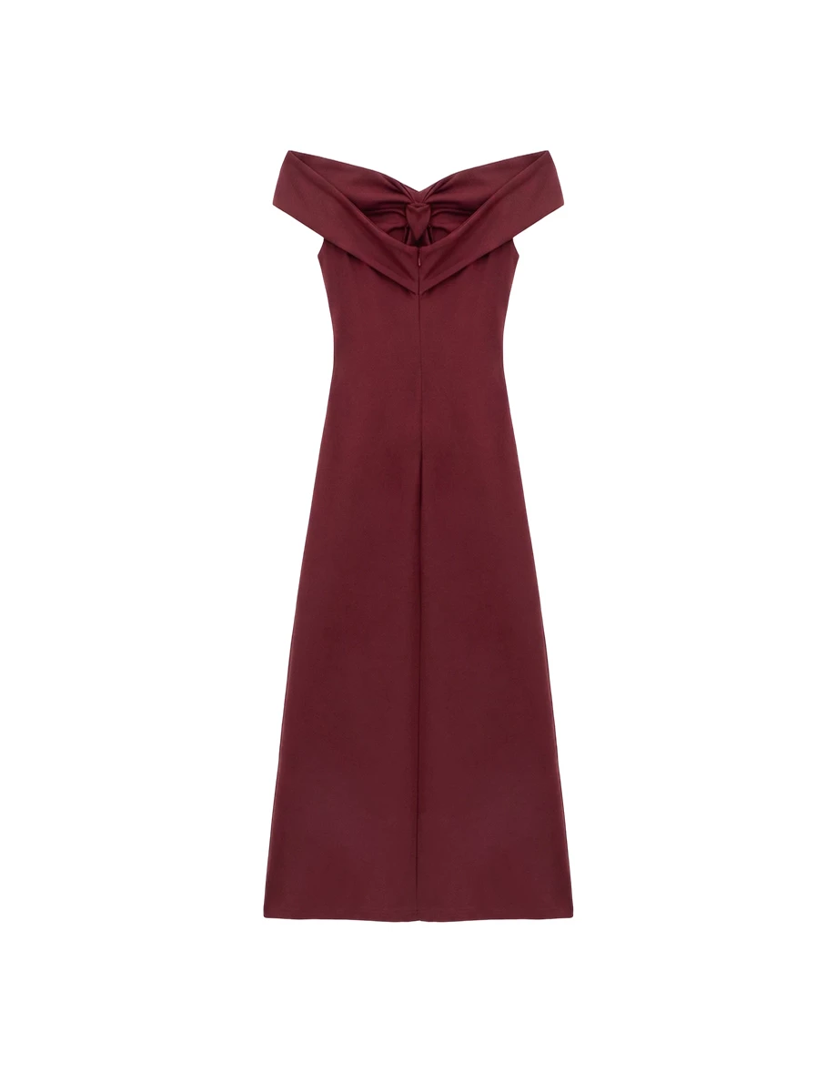 一字領交叉扭結側開衩合身長洋裝(附胸墊)