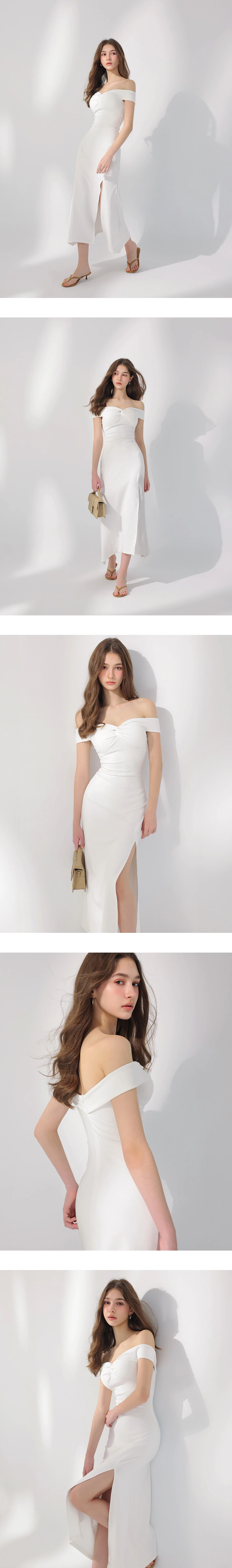 一字領交叉扭結側開衩合身長洋裝(附胸墊)