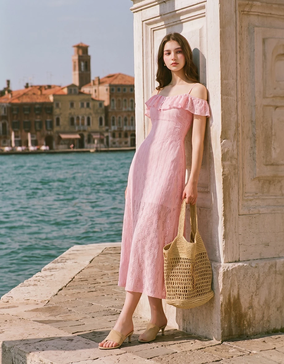 2WAY荷葉邊一字領細肩帶抓褶收腰鏤空花紋長洋裝(附胸墊)