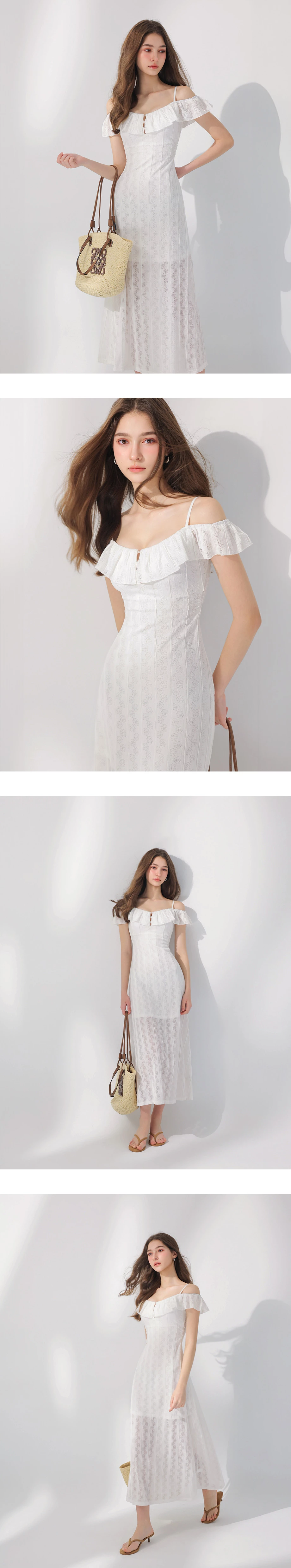 2WAY荷葉邊一字領細肩帶抓褶收腰鏤空花紋長洋裝(附胸墊)