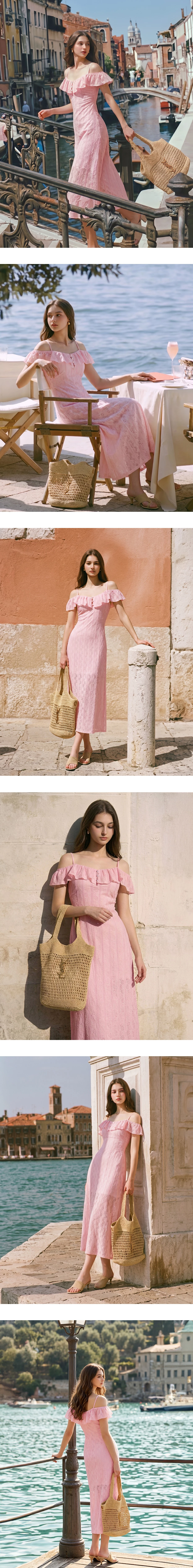 2WAY荷葉邊一字領細肩帶抓褶收腰鏤空花紋長洋裝(附胸墊)