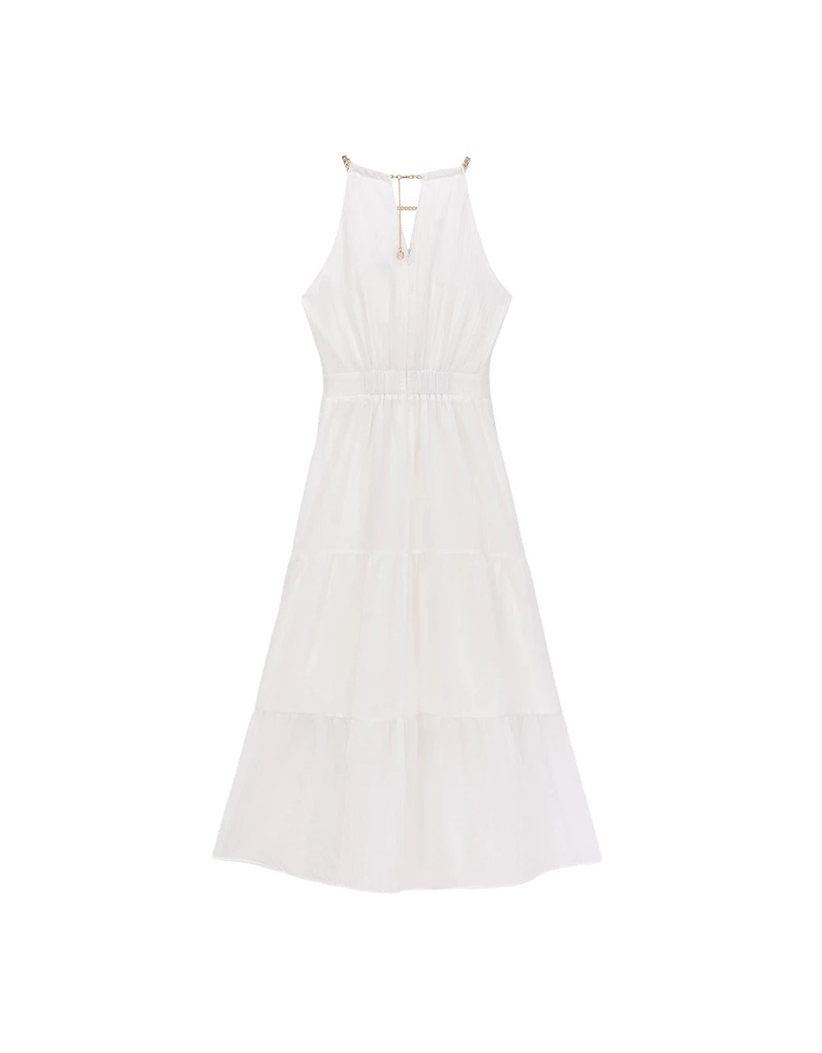 Chain Halter Front V Cutout Tiered Flared Padded Maxi Dress