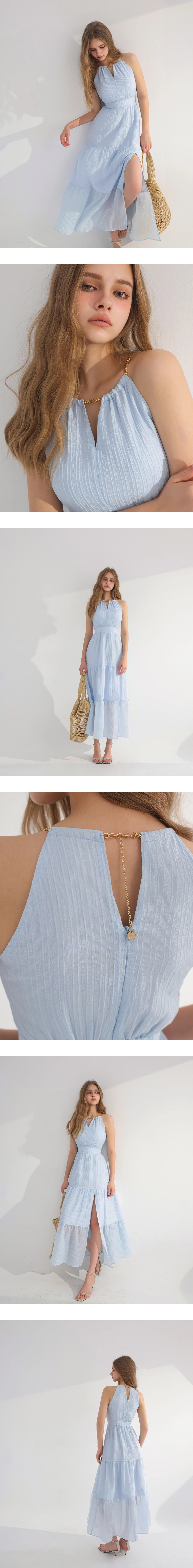 Chain Halter Front V Cutout Tiered Flared Padded Maxi Dress
