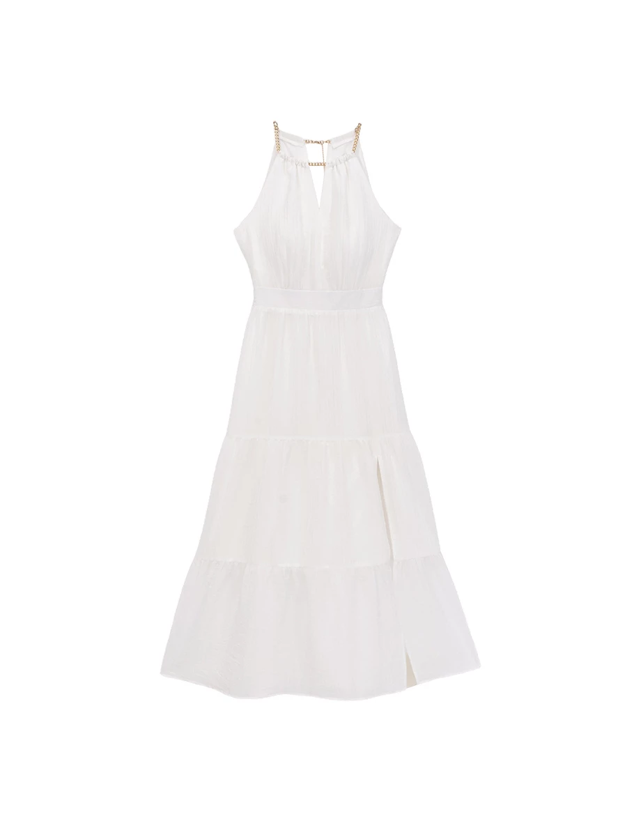 Chain Halter Front V Cutout Tiered Flared Padded Maxi Dress