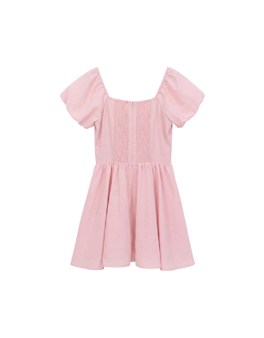 法式桃心領蕾絲花邊綁帶抓皺澎袖短洋裝(附胸墊)