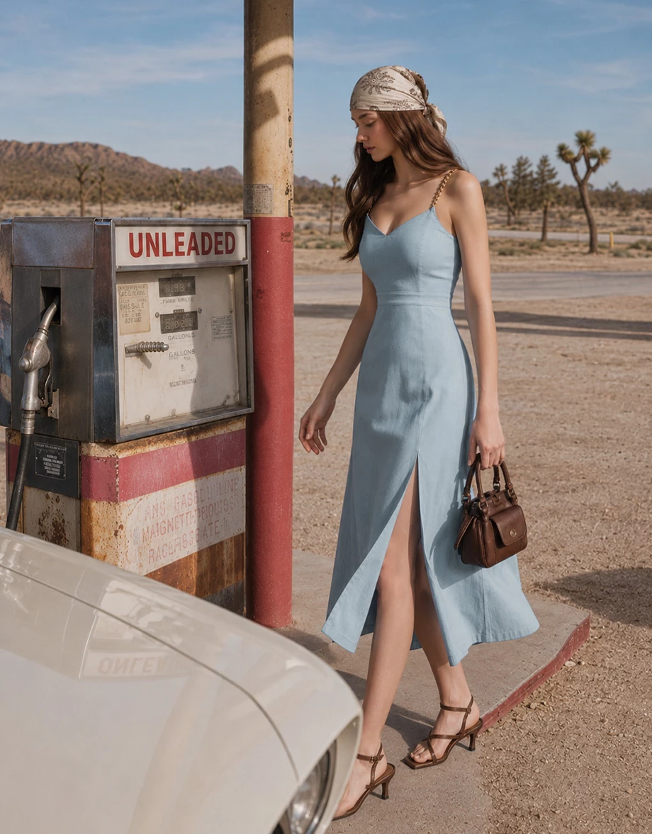 Chain Strap V Neck Front Slit Denim Look Padded Maxi Dress Chain Strap V Neck Front Slit Denim Look Padded Maxi Dress