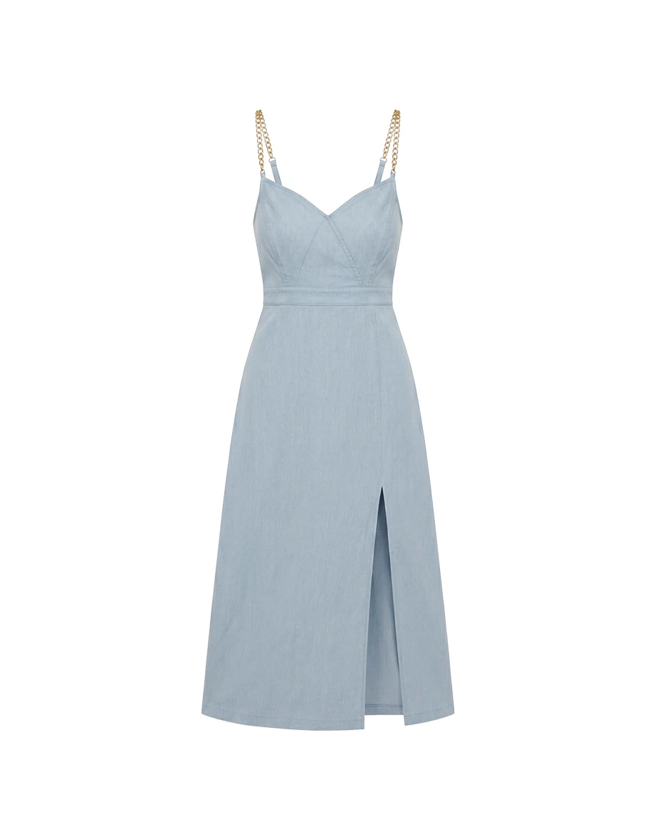 Chain Strap V Neck Front Slit Denim Look Padded Maxi Dress