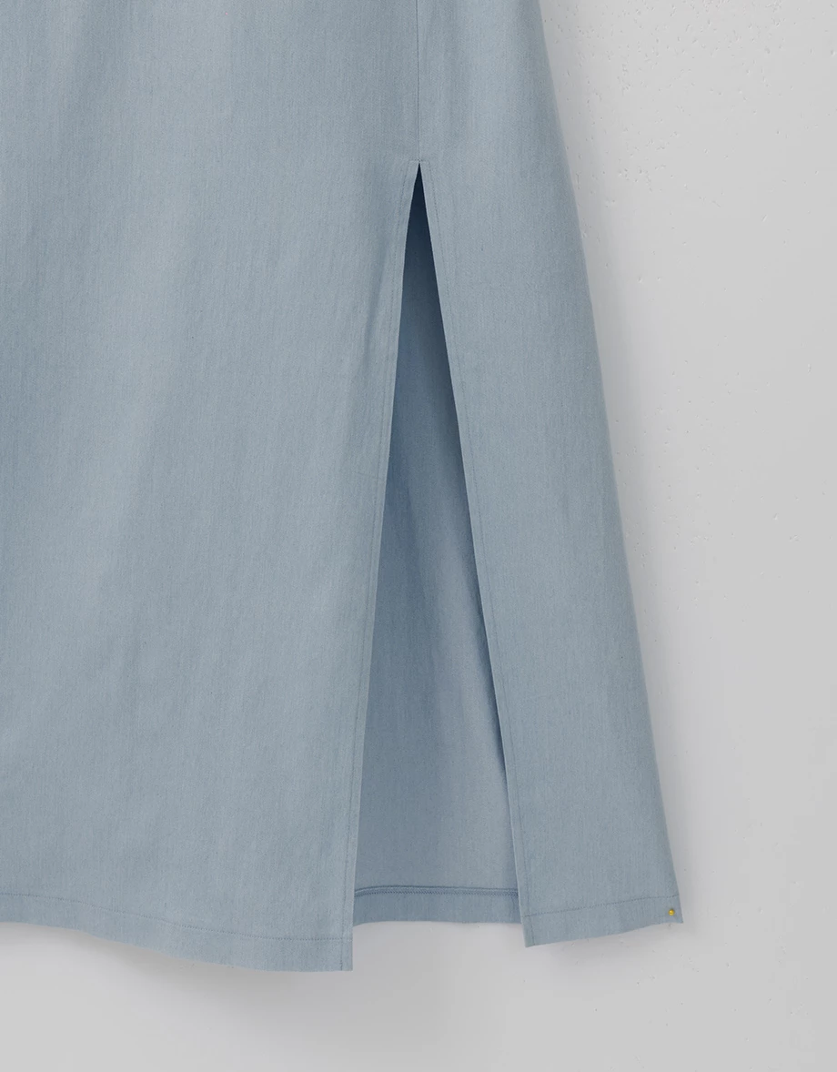 Chain Strap V Neck Front Slit Denim Look Padded Maxi Dress Chain Strap V Neck Front Slit Denim Look Padded Maxi Dress