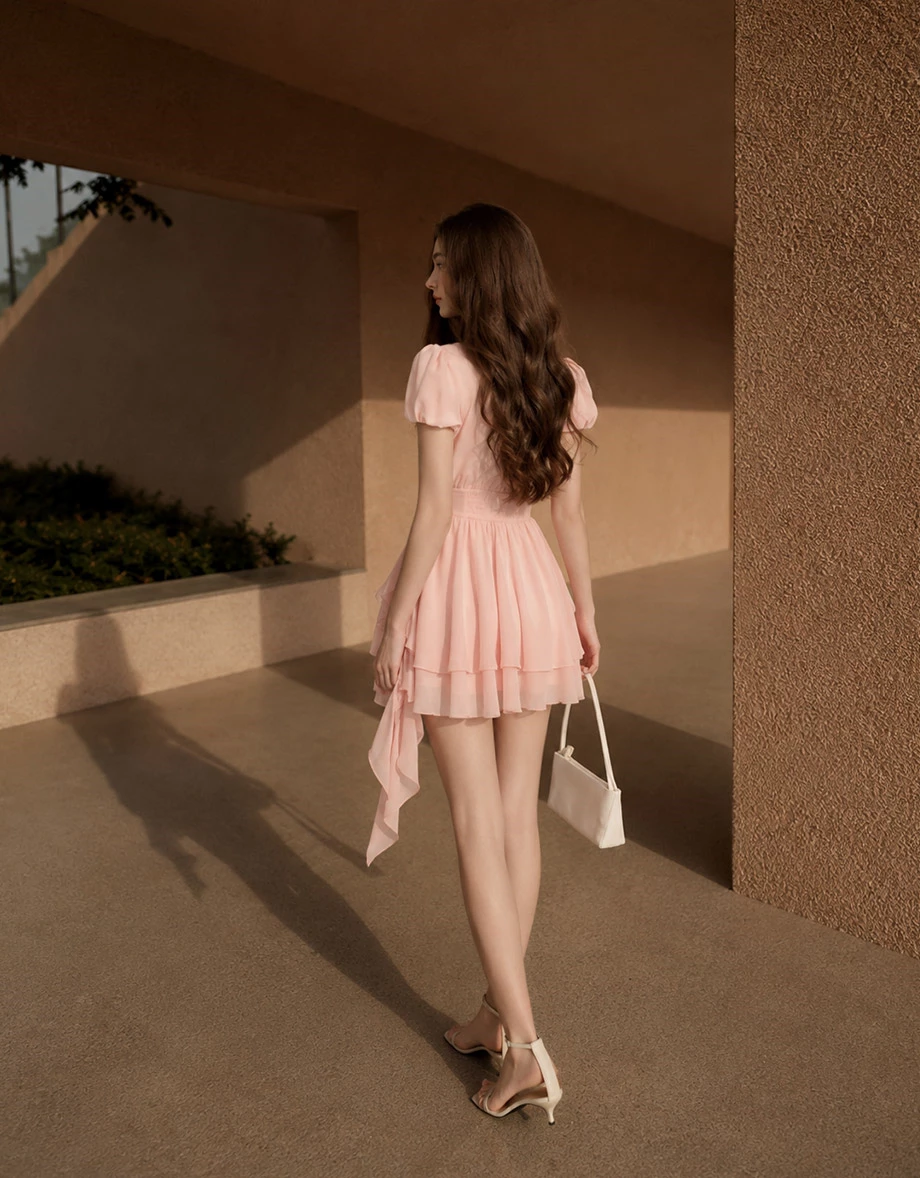 Wrap Front Puff Sleeve Asymmetrical Ruffle Flared Mini Dress