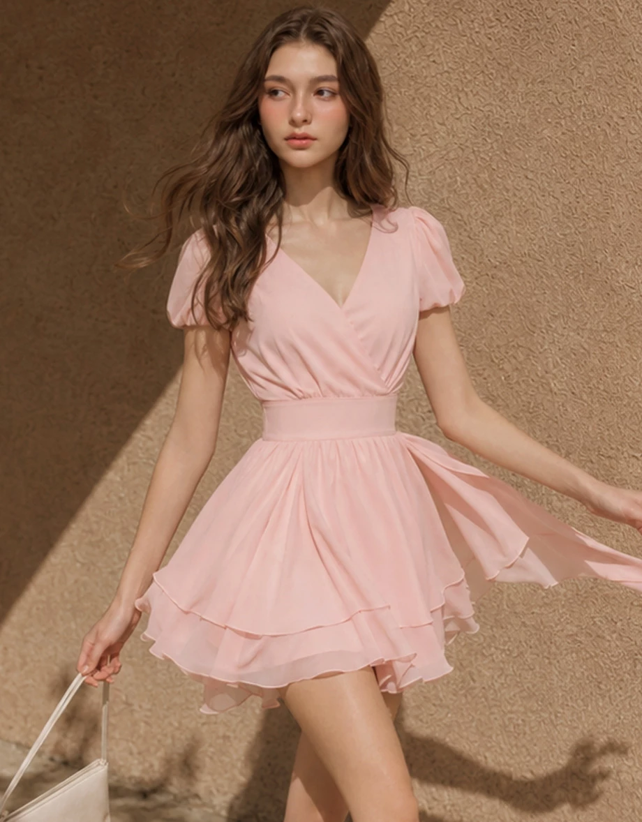 Wrap Front Puff Sleeve Asymmetrical Ruffle Flared Mini Dress Wrap Front Puff Sleeve Asymmetrical Ruffle Flared Mini Dress