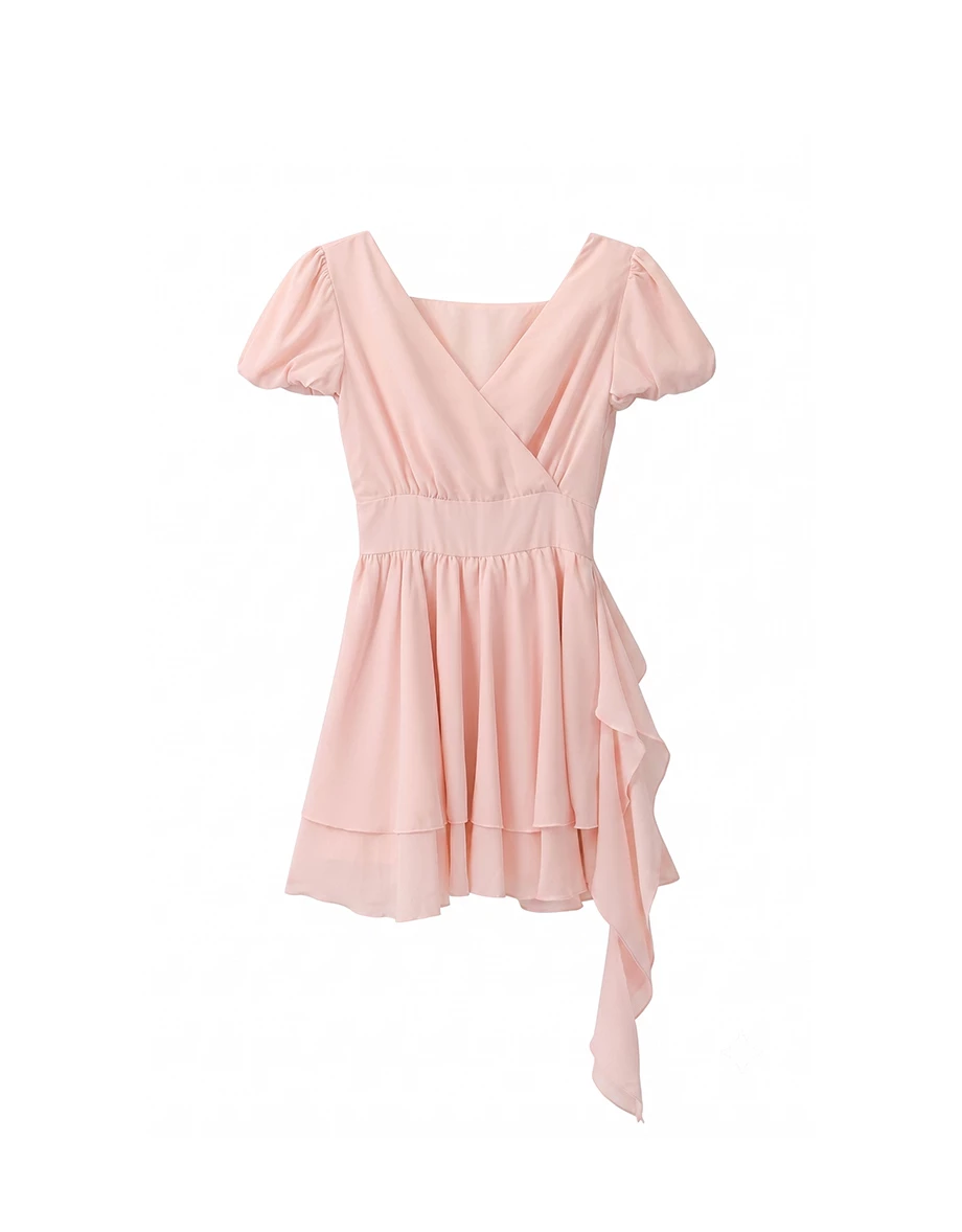 Wrap Front Puff Sleeve Asymmetrical Ruffle Flared Mini Dress