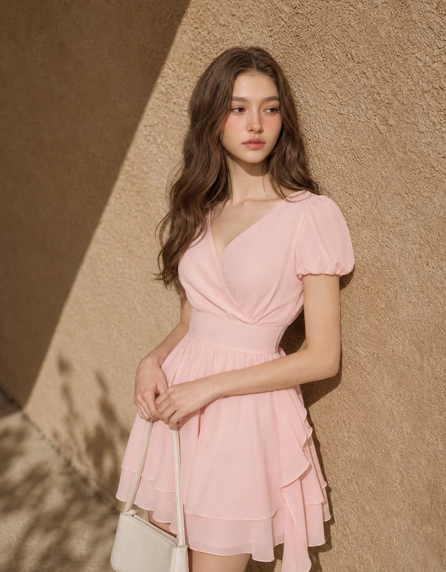 Wrap Front Puff Sleeve Asymmetrical Ruffle Flared Mini Dress