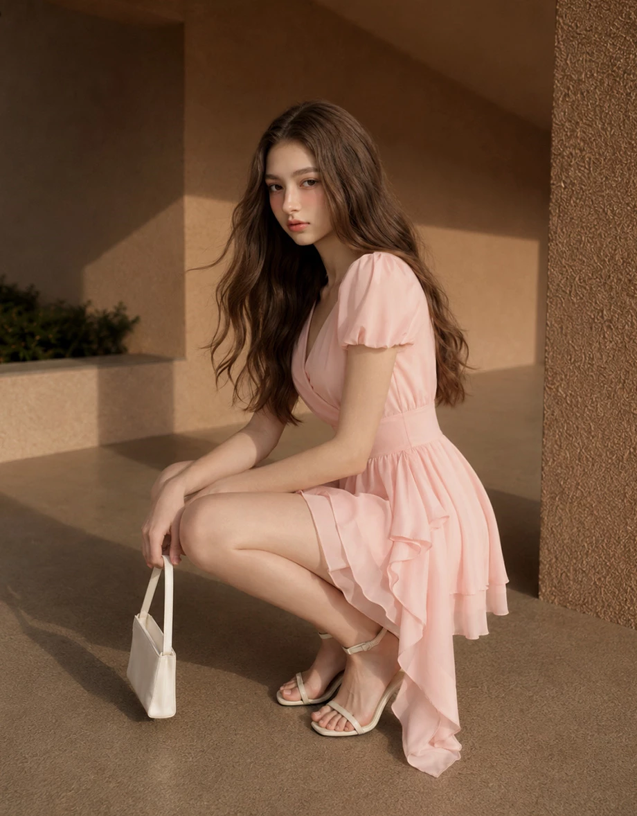 Wrap Front Puff Sleeve Asymmetrical Ruffle Flared Mini Dress