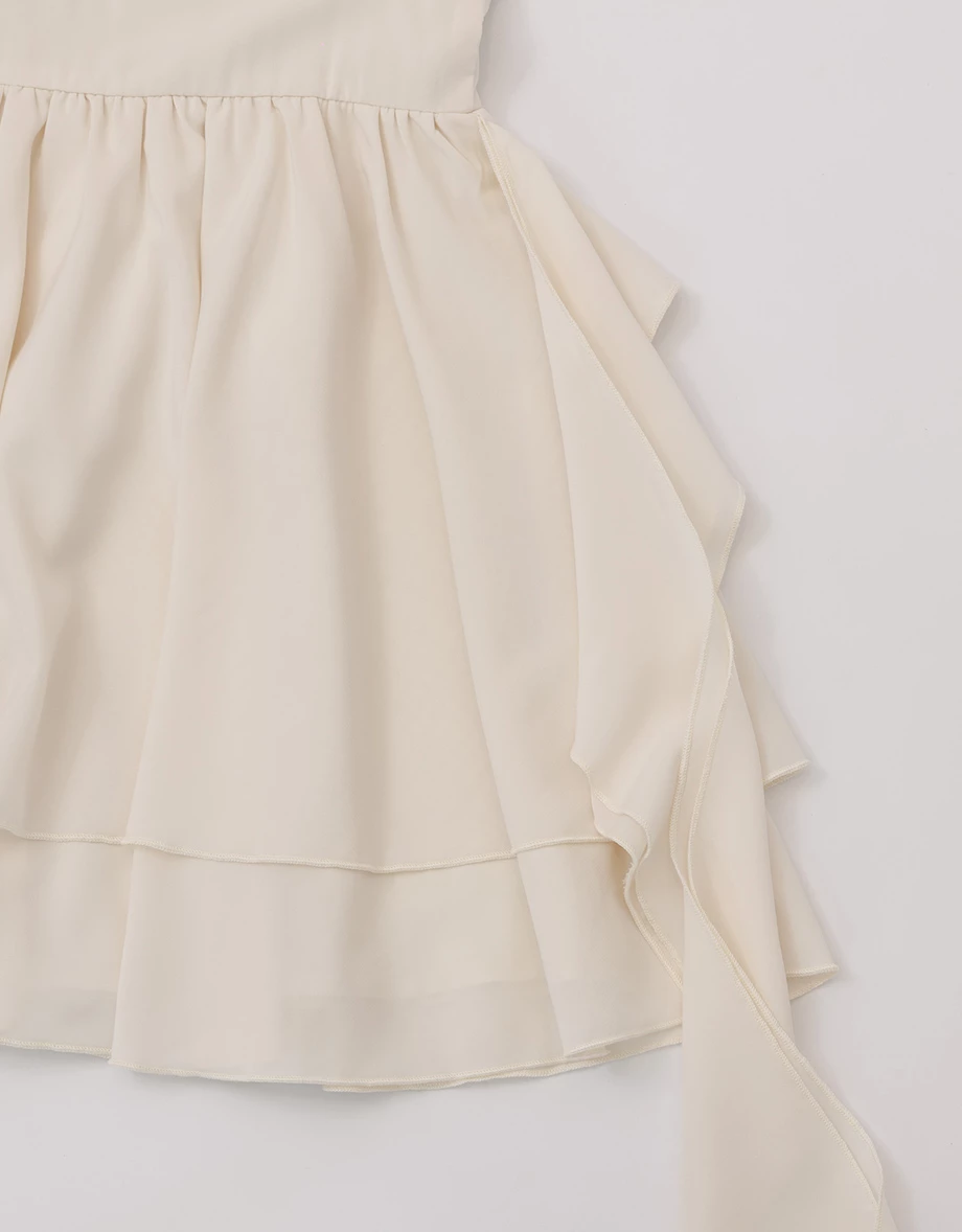 Wrap Front Puff Sleeve Asymmetrical Ruffle Flared Mini Dress