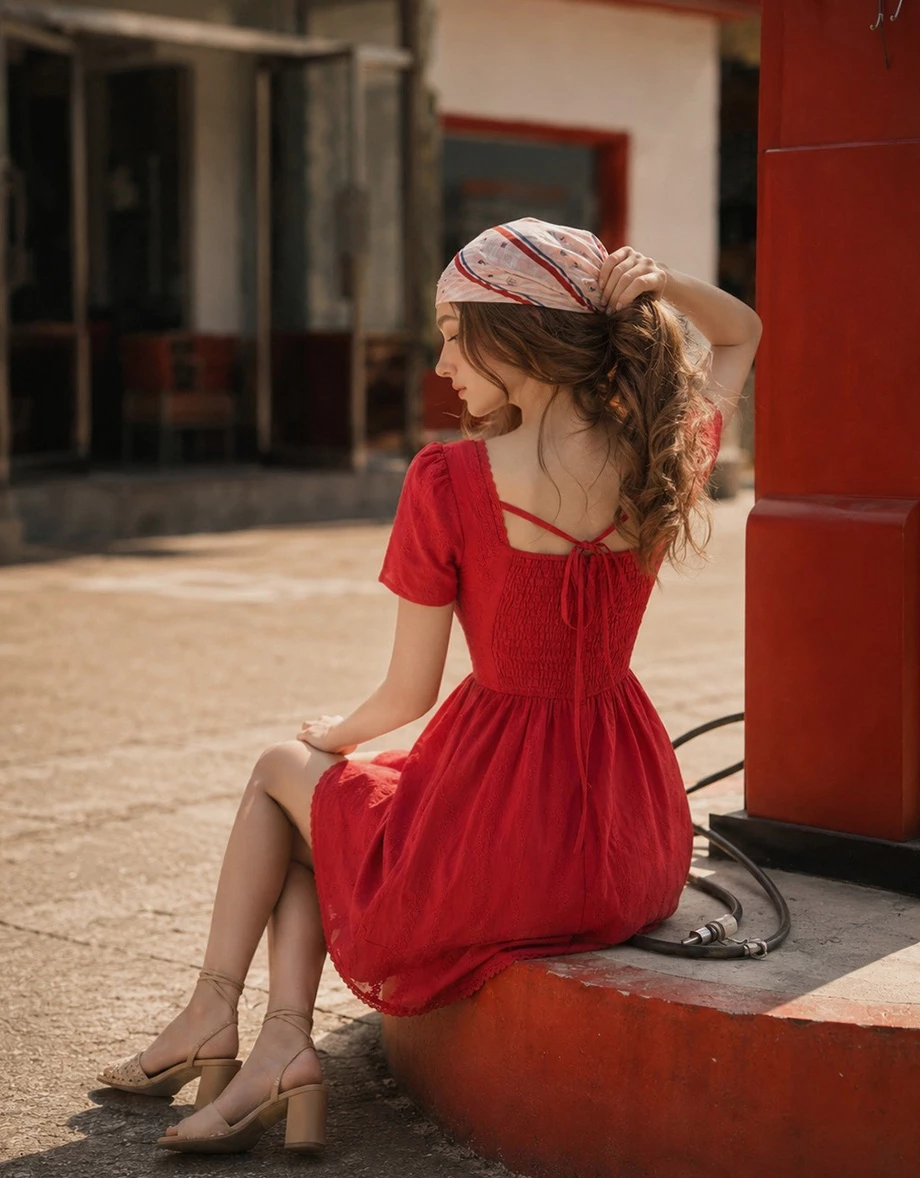 V Neck Eyelet Lace Embroidery Puff Sleeve Open Back Mini Dress