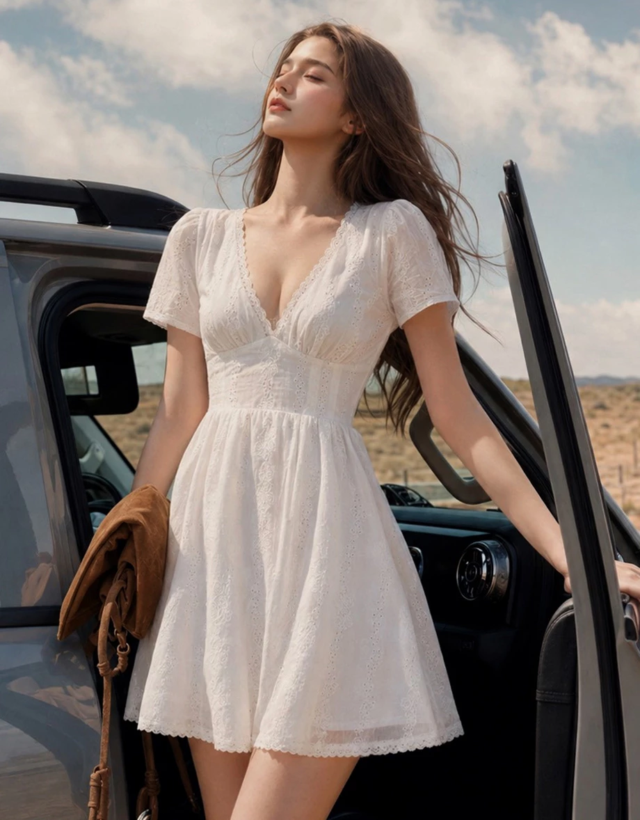 V Neck Eyelet Lace Embroidery Puff Sleeve Open Back Mini Dress