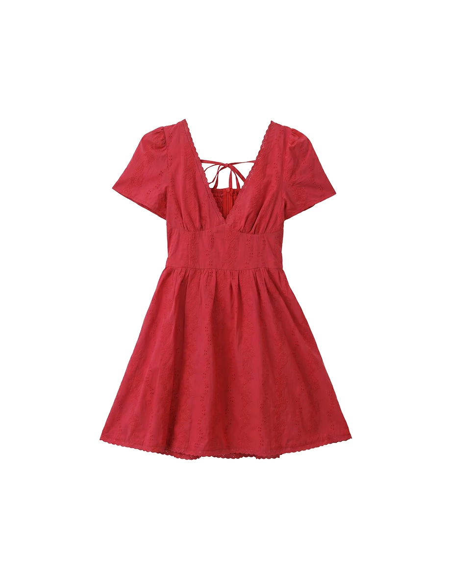 V Neck Eyelet Lace Embroidery Puff Sleeve Open Back Mini Dress