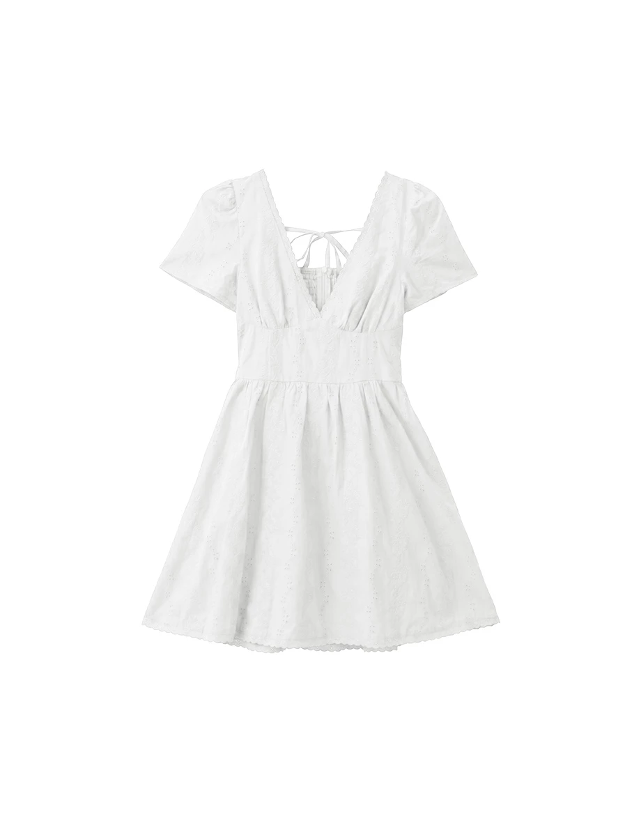 V Neck Eyelet Lace Embroidery Puff Sleeve Open Back Mini Dress