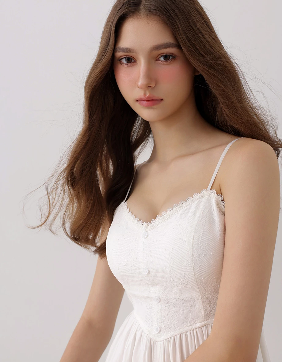 Lace Panel Button Up Sweetheart Sheer Lace Hem Padded Cami Maxi Dress Lace Panel Button Up Sweetheart Sheer Lace Hem Padded Cami Maxi Dress