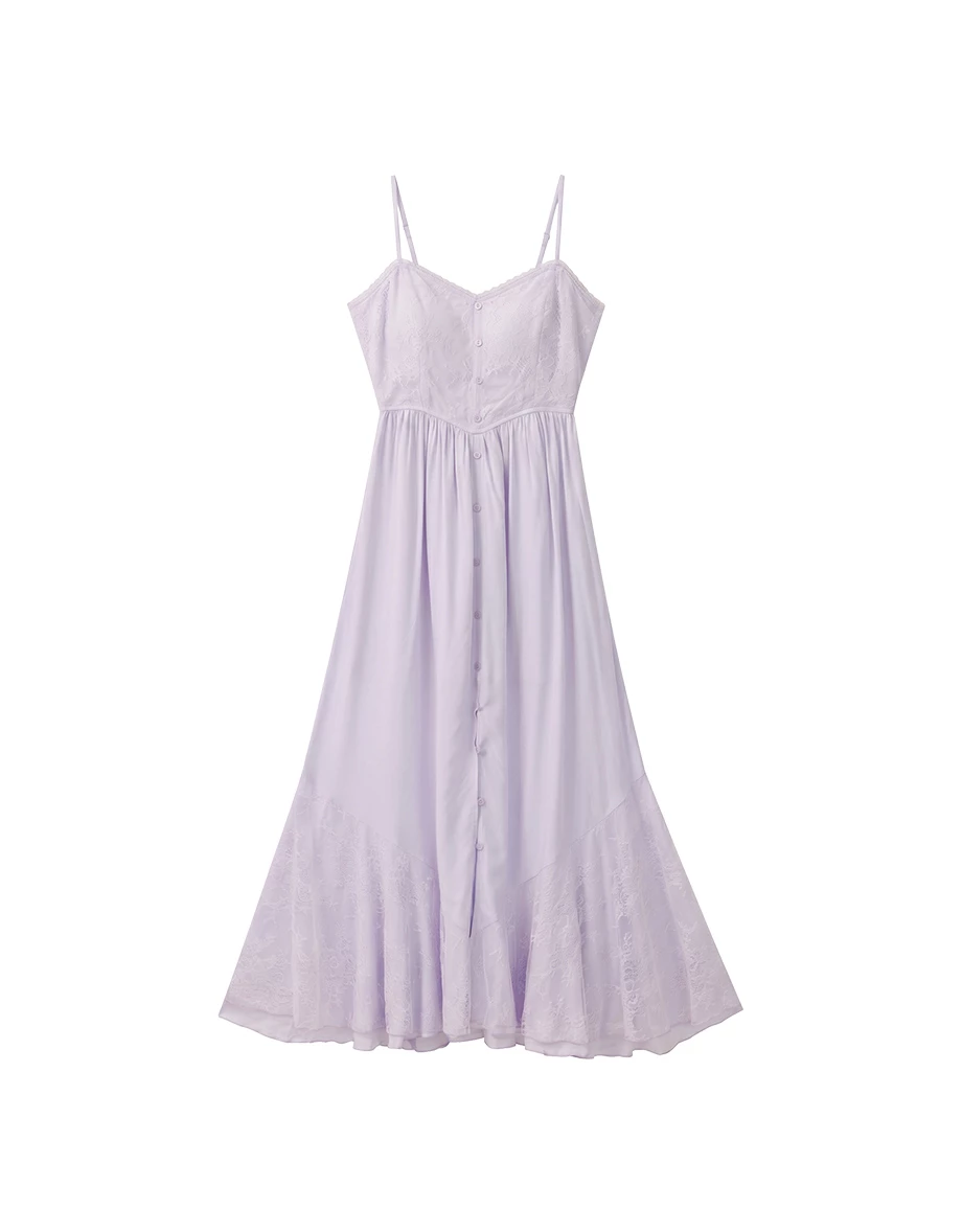 Lace Panel Button Up Sweetheart Sheer Lace Hem Padded Cami Maxi Dress