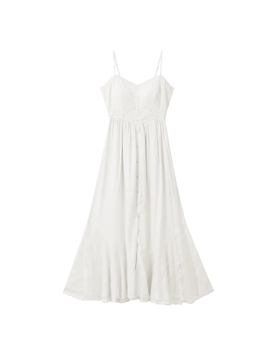 Lace Panel Button Up Sweetheart Sheer Lace Hem Padded Cami Maxi Dress