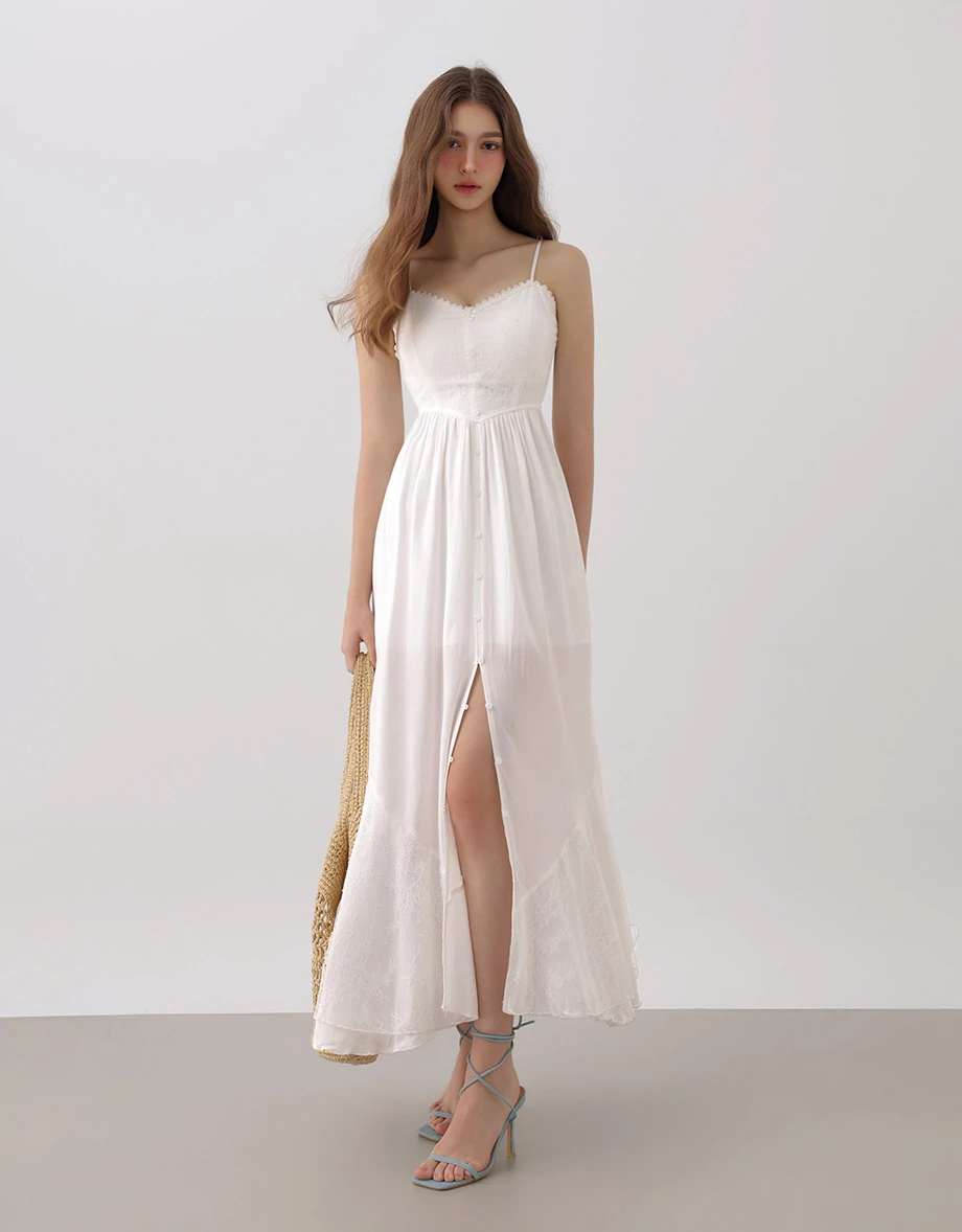 Lace Panel Button Up Sweetheart Sheer Lace Hem Padded Cami Maxi Dress