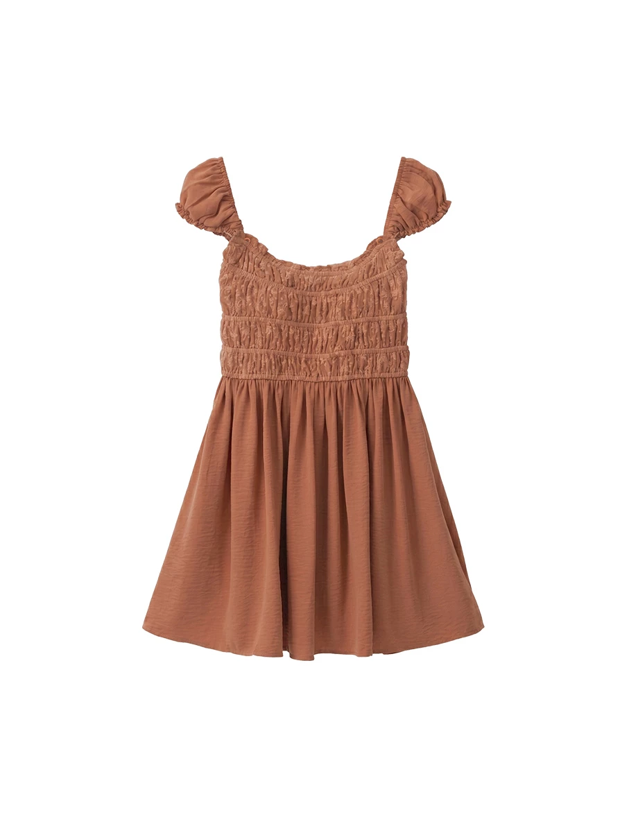 Wide Square Neck Smocked Bodice Ruched Puff Sleeve Padded Mini Dress