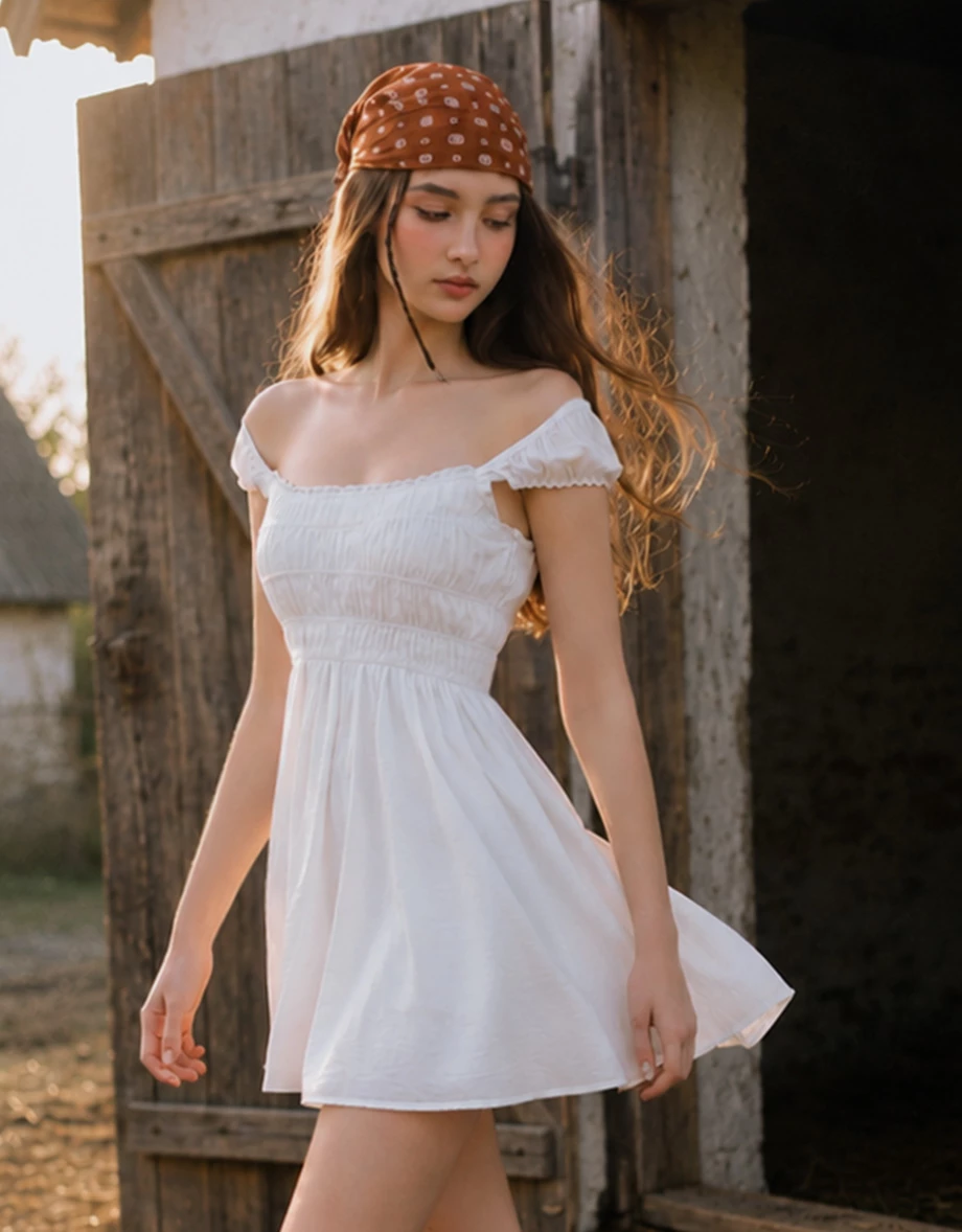 Wide Square Neck Smocked Bodice Ruched Puff Sleeve Padded Mini Dress