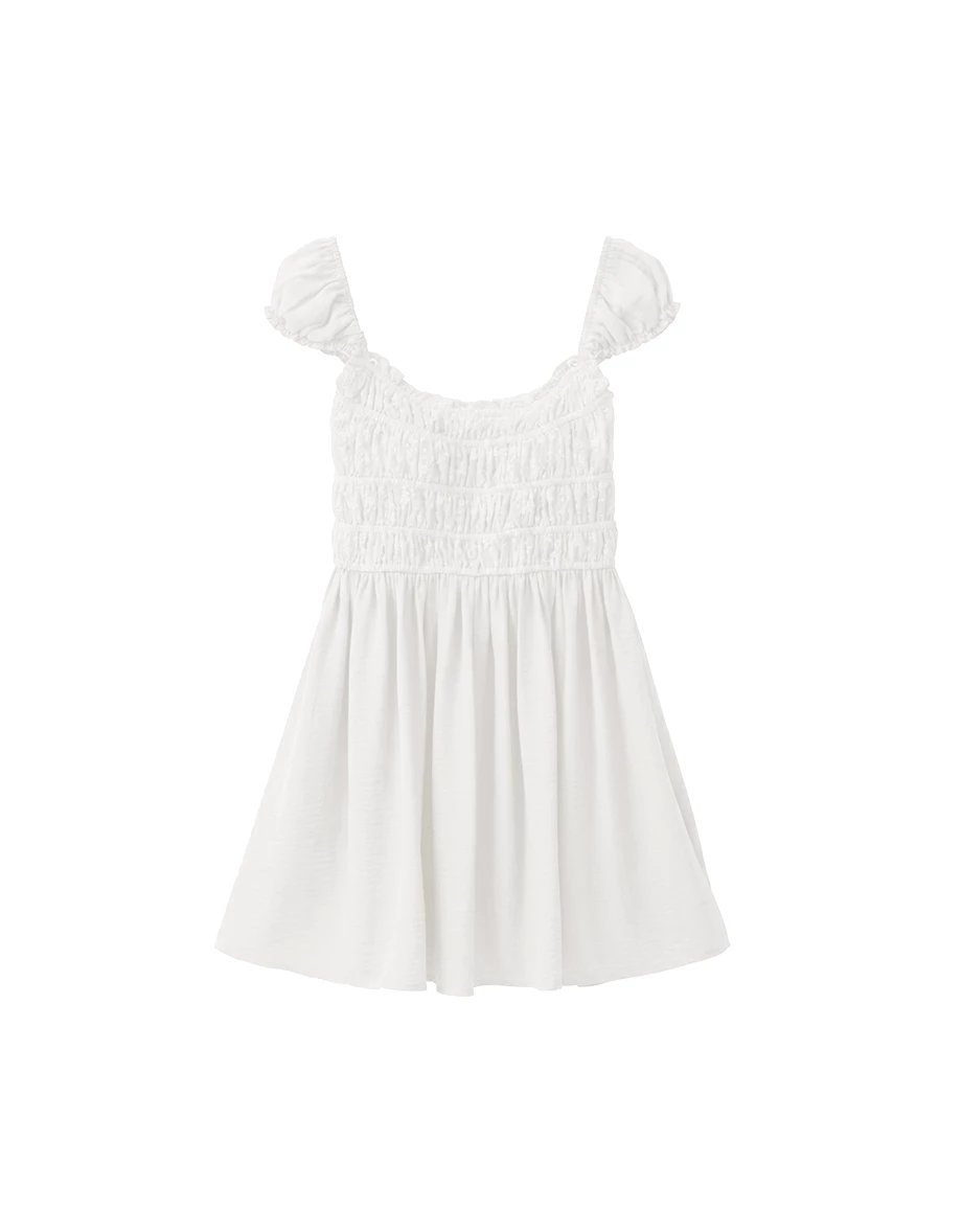 Wide Square Neck Smocked Bodice Ruched Puff Sleeve Padded Mini Dress