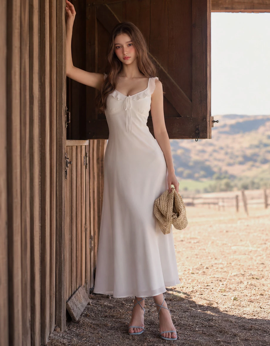 Ruffle V Neck Front Tie Smocked Back Padded Chiffon Mermaid Maxi Dress