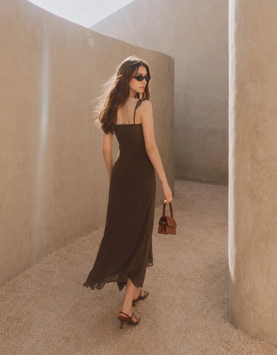Ruffle V Neck Front Tie Smocked Back Padded Chiffon Mermaid Maxi Dress