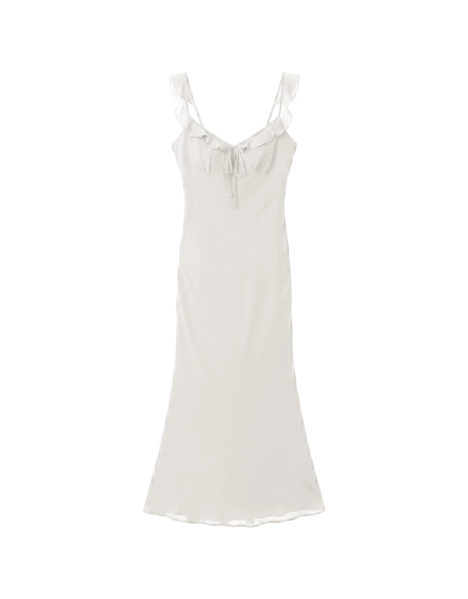Ruffle V Neck Front Tie Smocked Back Padded Chiffon Mermaid Maxi Dress