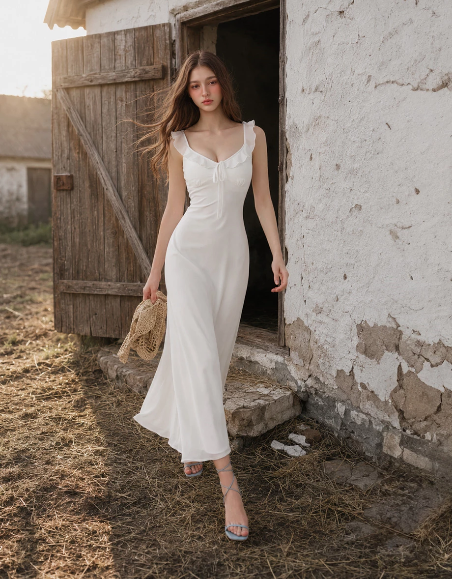 Ruffle V Neck Front Tie Smocked Back Padded Chiffon Mermaid Maxi Dress