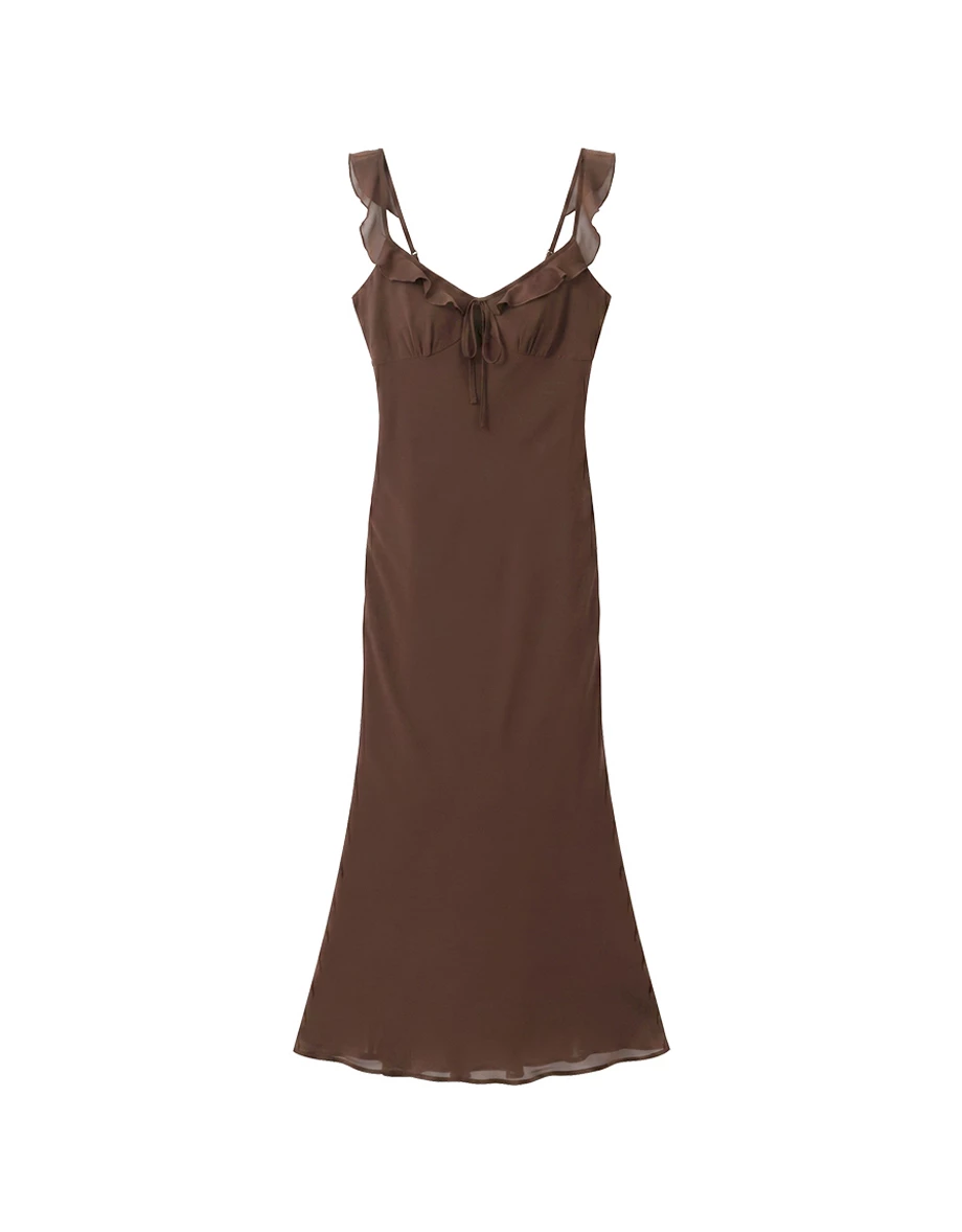 Ruffle V Neck Front Tie Smocked Back Padded Chiffon Mermaid Maxi Dress